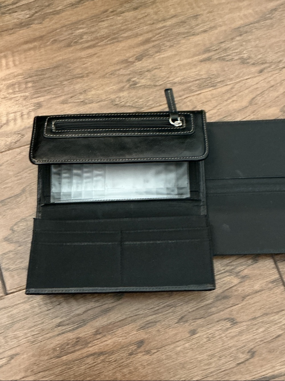 Genuine Leather Black Trifold Wallet with Front Zip Pocket - Picture 6 of 11